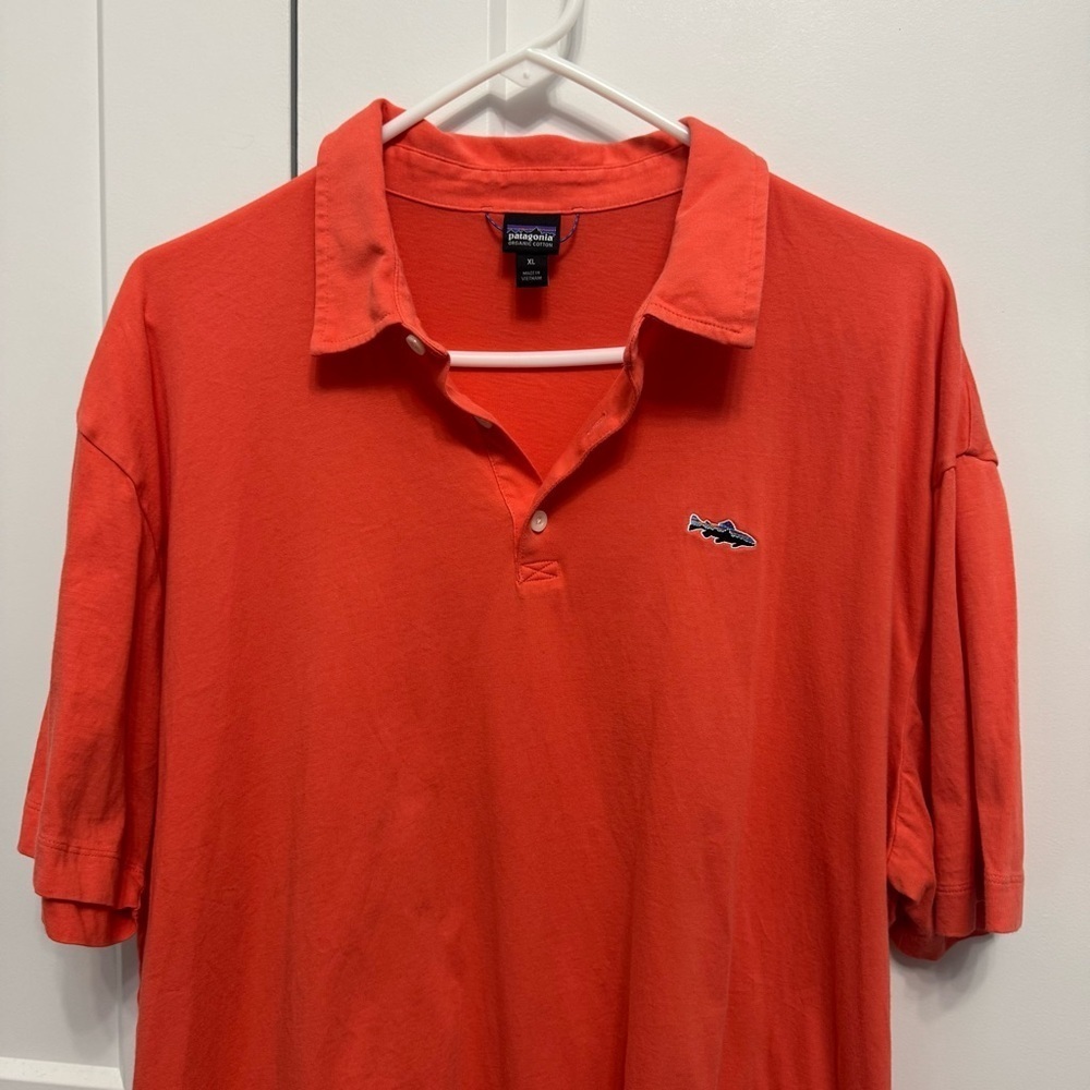 Patagonia Trout Fitz Roy Men's Quick Dry Polo Coral Size XL Organic Cotton - Picture 4 of 11